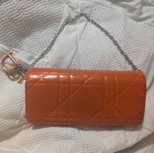 Christian Dior Orange Quilted Chain Wallet Cannage Vintage